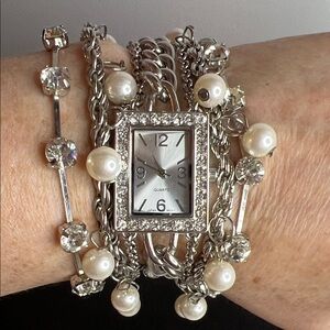 Vintage Silver Pearl & Crystal Wrap Watch Bracelet